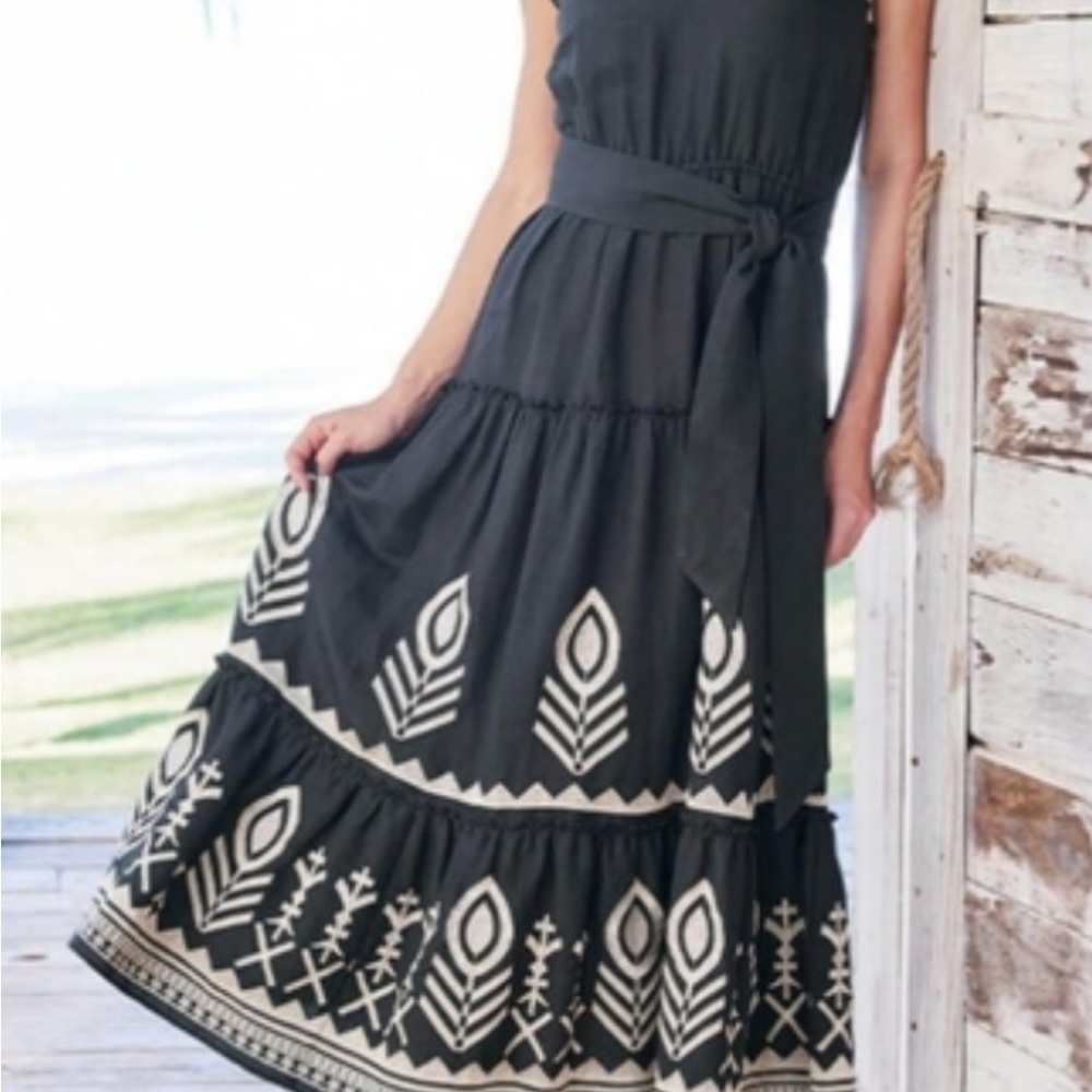 Elie Tahari Black and gold embroidered midi dress